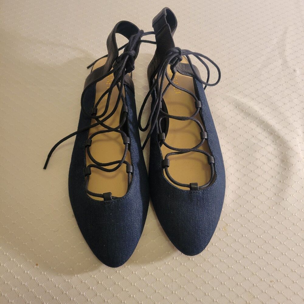 Nine West Farouto Denim Lace Up Tie Ballet Textile Leather Flats Size 9 M New